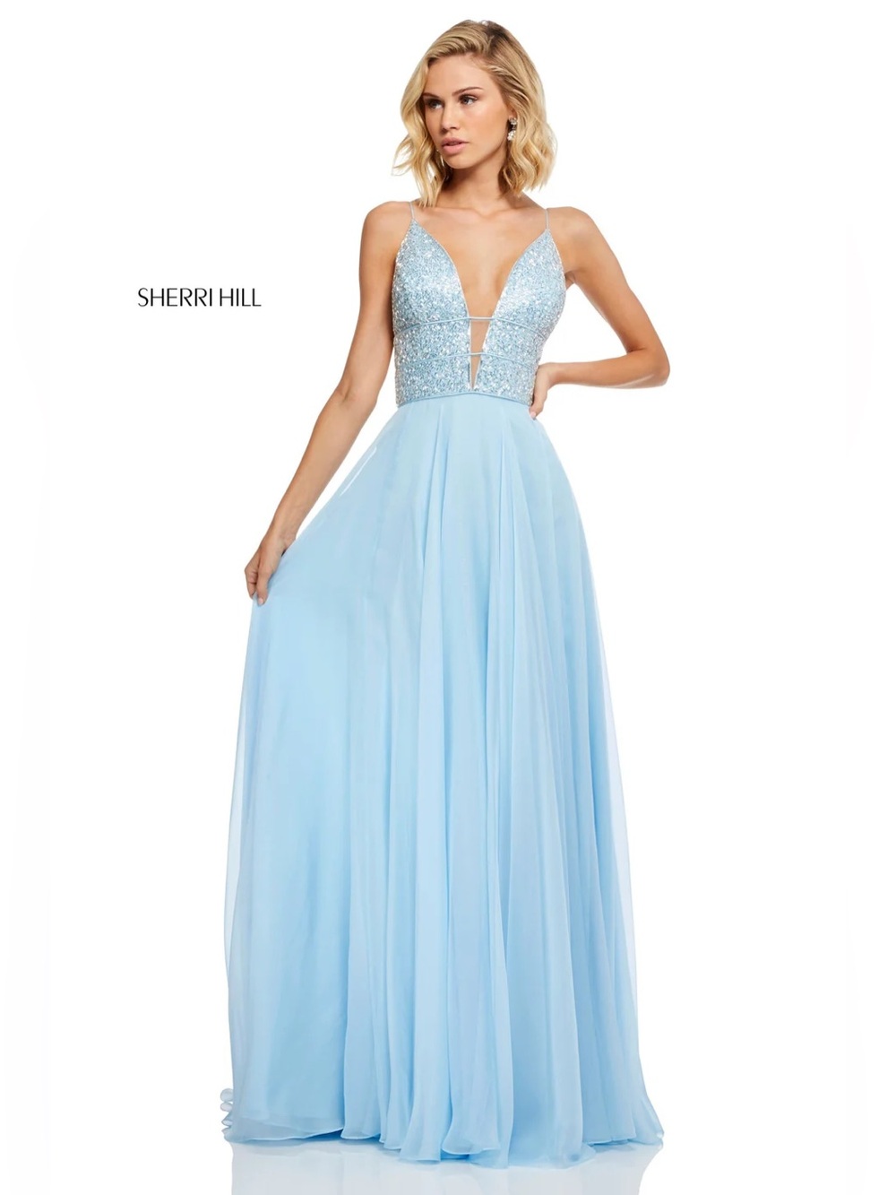 Sherri Hill 52589 Light Blue Beaded Plunge Chiffon Gown